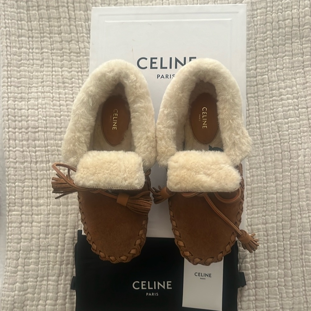AUTHENTIC CELINE suede whipstitch trim moccasins